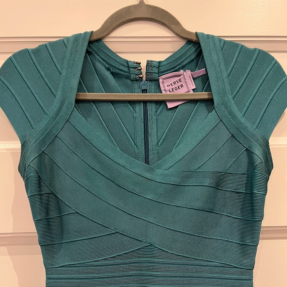 Herve leger teal long gown